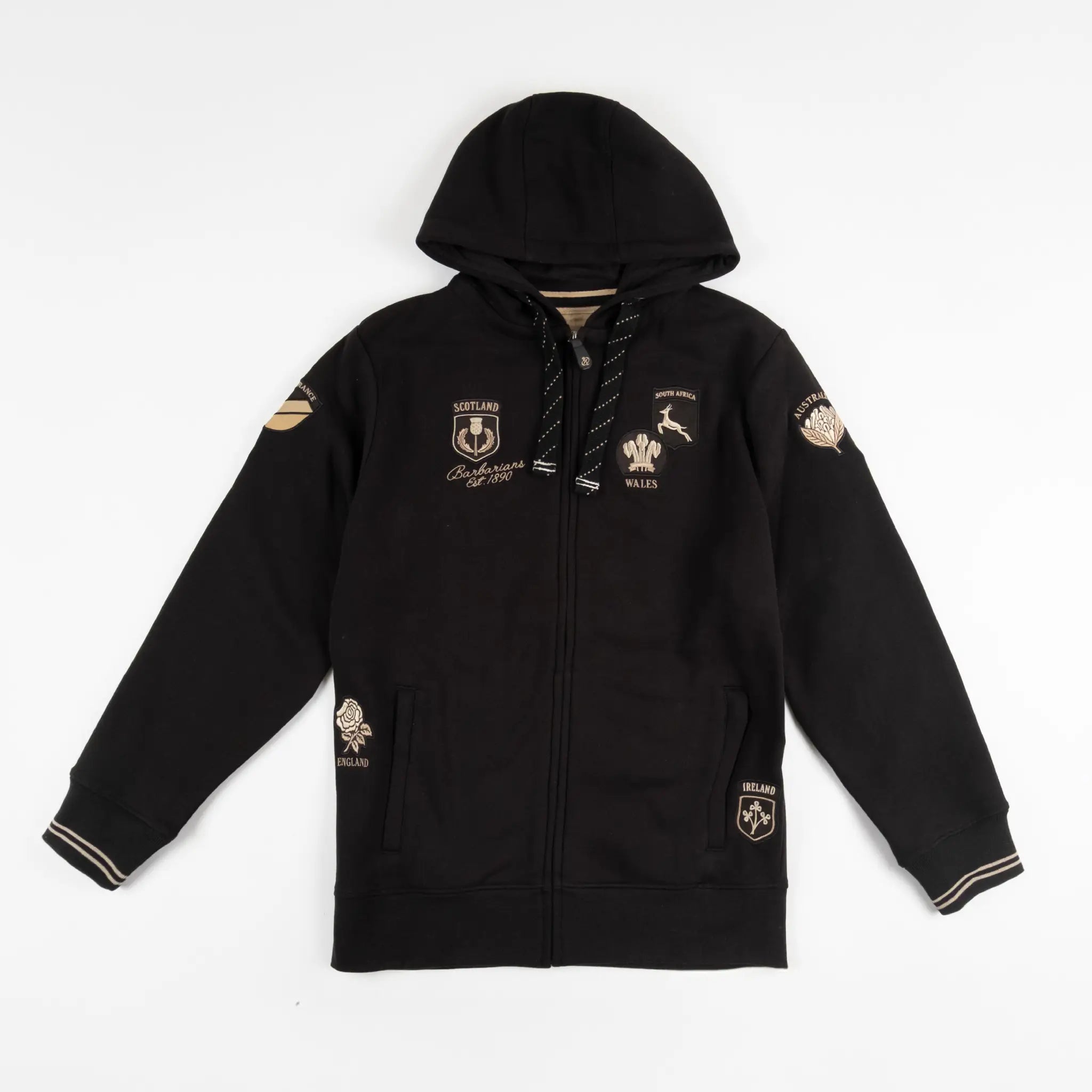 Sweat zippé noir à capuche Barbarians multi-nation BACK TO LEGEND (vêtement à plat de face)