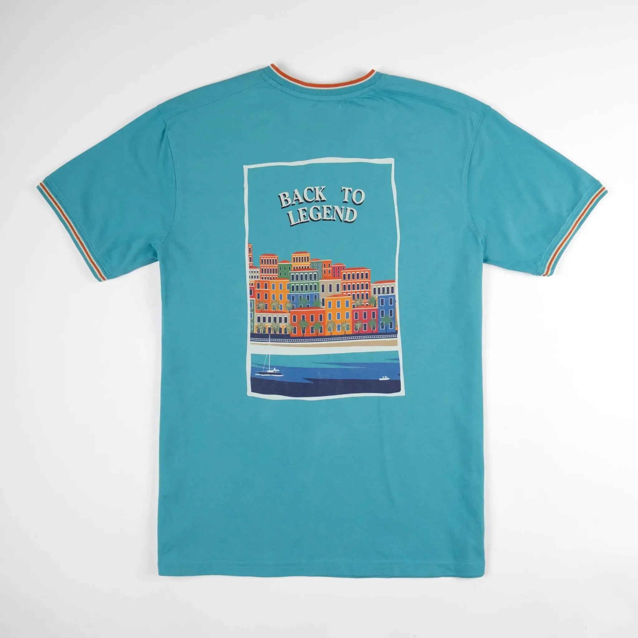 T-shirt bleu turquoise col V pour homme BACK to LEGEND (vêtement à plat de dos)