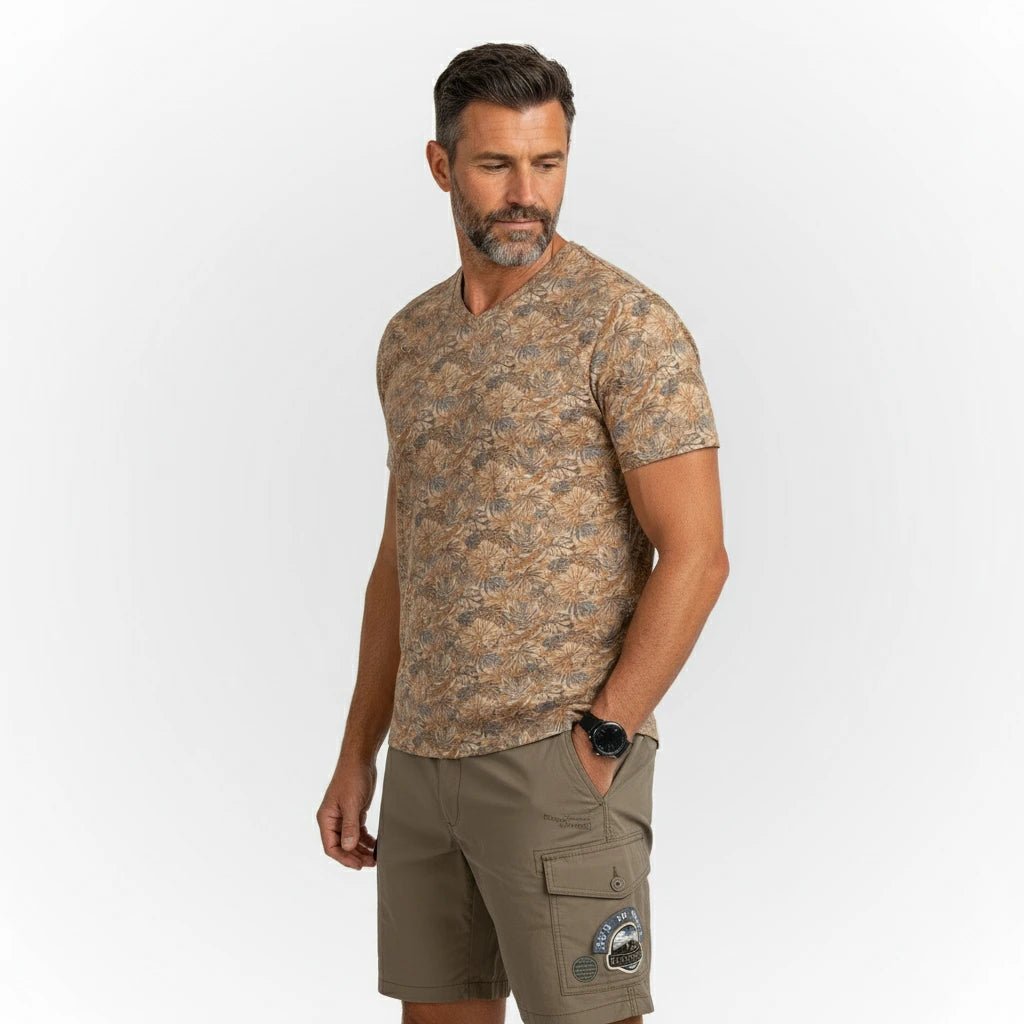 T-shirt floral beige col V pour homme BACK to LEGEND