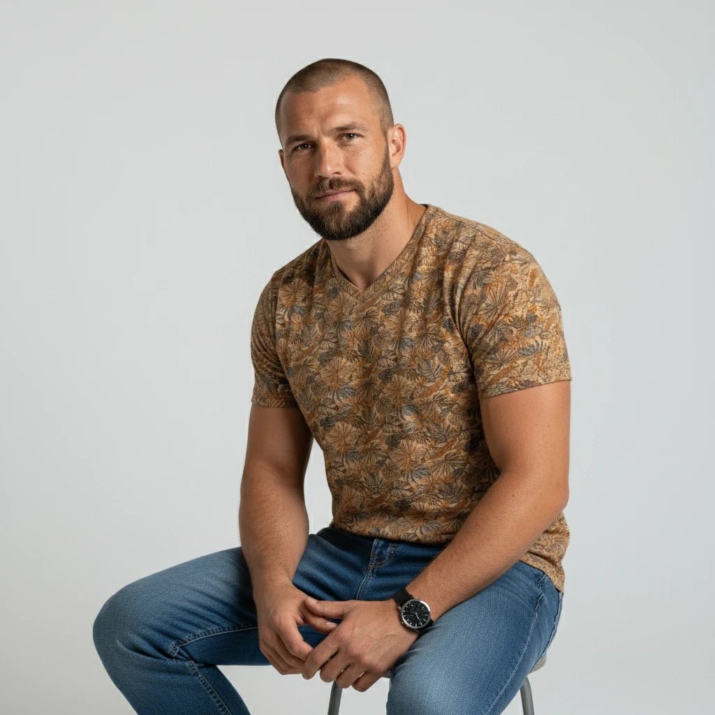 T-shirt floral beige col V pour homme BACK to LEGEND