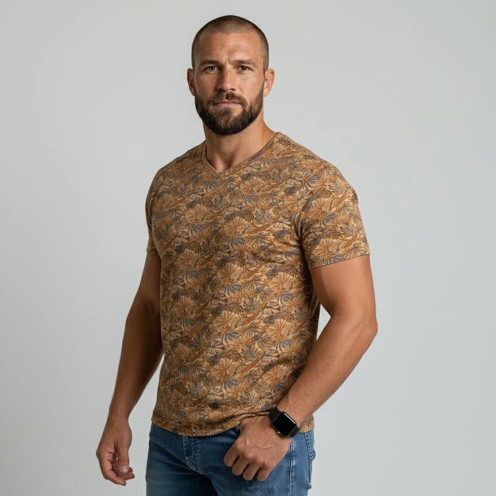 T-shirt floral beige col V pour homme BACK to LEGEND