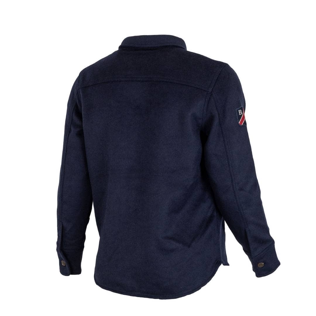 Veste surchemise bleue en laine et polyester (vue de 3/4 arriere)