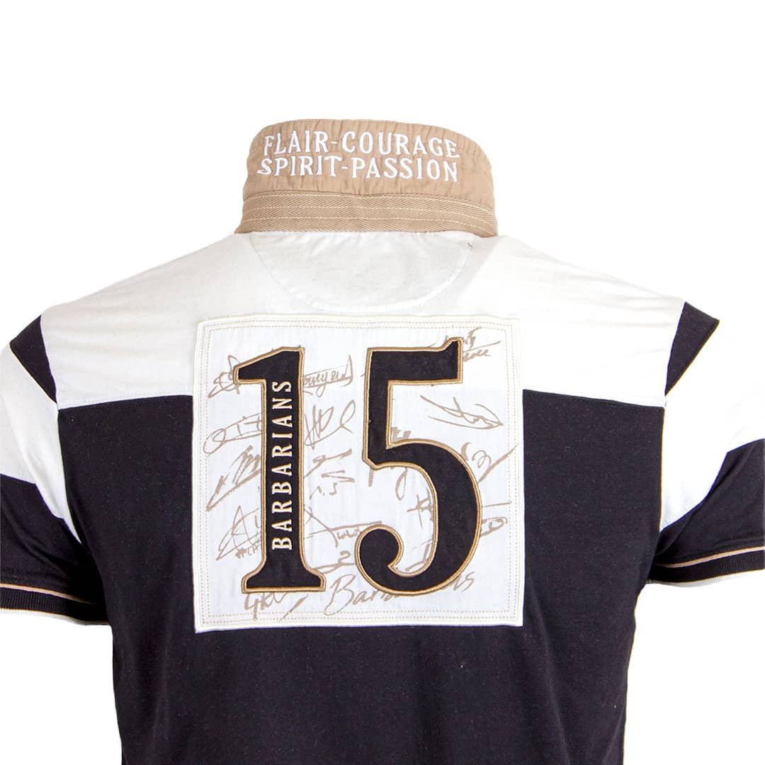 Polo noir et blanc Barbarians n°15 Blacks Legend (Patch dorsal signé des joueurs)